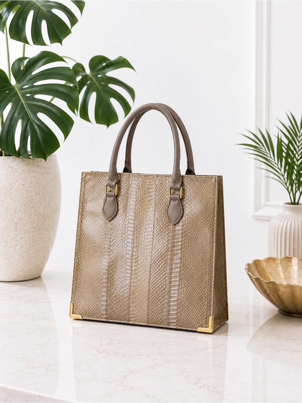 Neutral Snakeskin Structured Tote | Vintage Top Handle Exotic Bag - Quiet Luxury